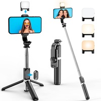 Selfie Stick cu Trepied Telescopic, Lumina LED, 3 Moduri, 6 Nivele Luminozitate, Lungime Extinsa de Pana la 106 cm, Reglabil 360°, cu Telecomanda, Universal, Compatibil iOS/Android, Negru