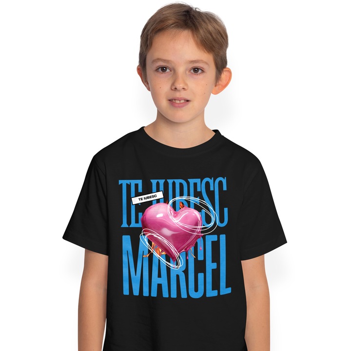 Tricou Copii Baieti Te Iubesc Marcel, Dragoste, Inima, Iubire, Sfantul Valentin, Dragobete, Valentine's Day 100% Bumbac, Unisex, Negru, 6 Ani, 122CM