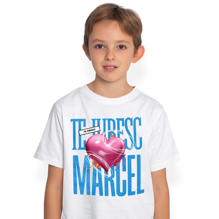 Tricou Copii Baieti Te Iubesc Marcel, Dragoste, Inima, Iubire, Sfantul Valentin, Dragobete, Valentine's Day 100% Bumbac, Unisex, Alb, 6 Ani, 122CM