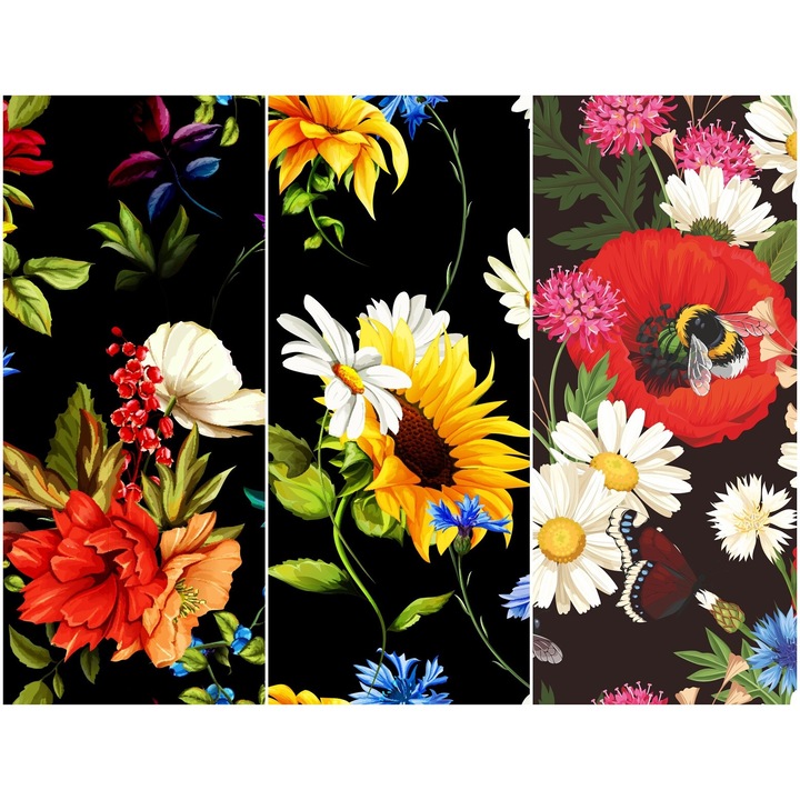 Vízálló textil panel 3 mintával, poliészter varrókendő, virágmintás, 121,5 cm x 155 cm, Heko panelek, P09