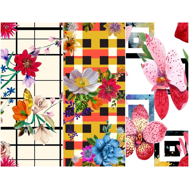 Vízálló textil panel 3 mintával, poliészter varrókendő, virágmintás, 121,5 cm x 155 cm, Heko panelek, P17