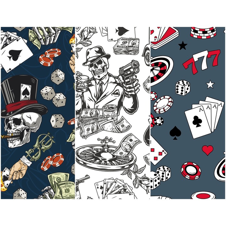 Vízálló textil panel 3 mintával, poliészter varrókendő, Casino Mafia, 121,5 cm x 155 cm, Heko panelek, P77