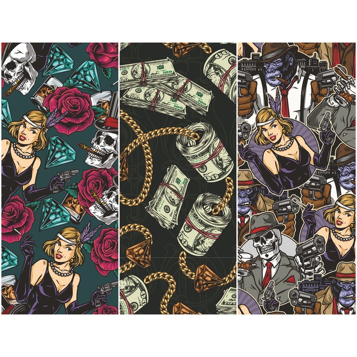 Vízálló textil panel 3 mintával, poliészter varrókendő, Casino Mafia, 121,5 cm x 155 cm, Heko panelek, P84