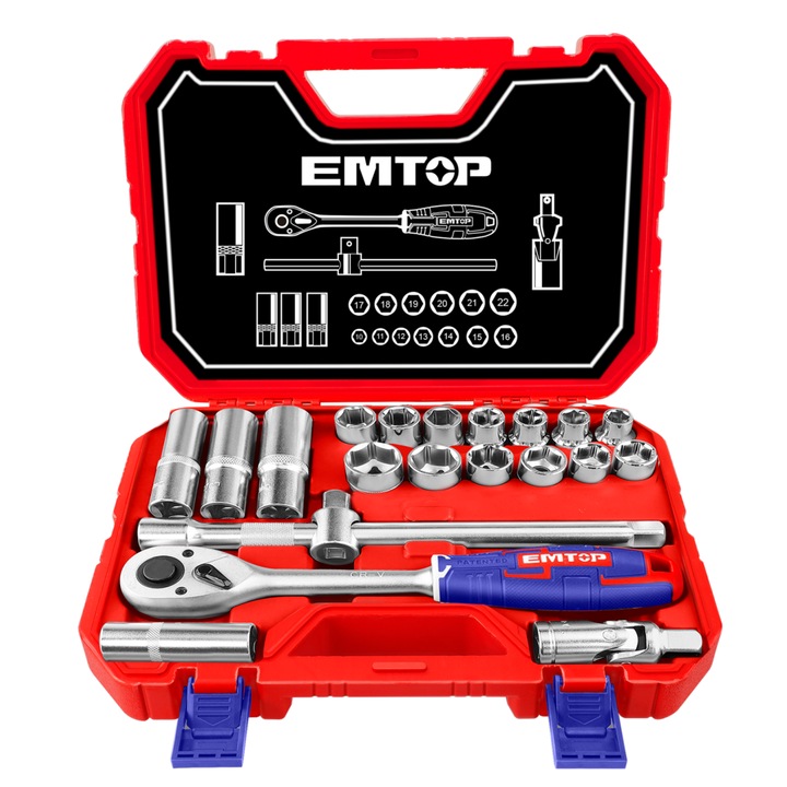 Set tubulare cu clichet 1/2", 21 componente, cutie de transport