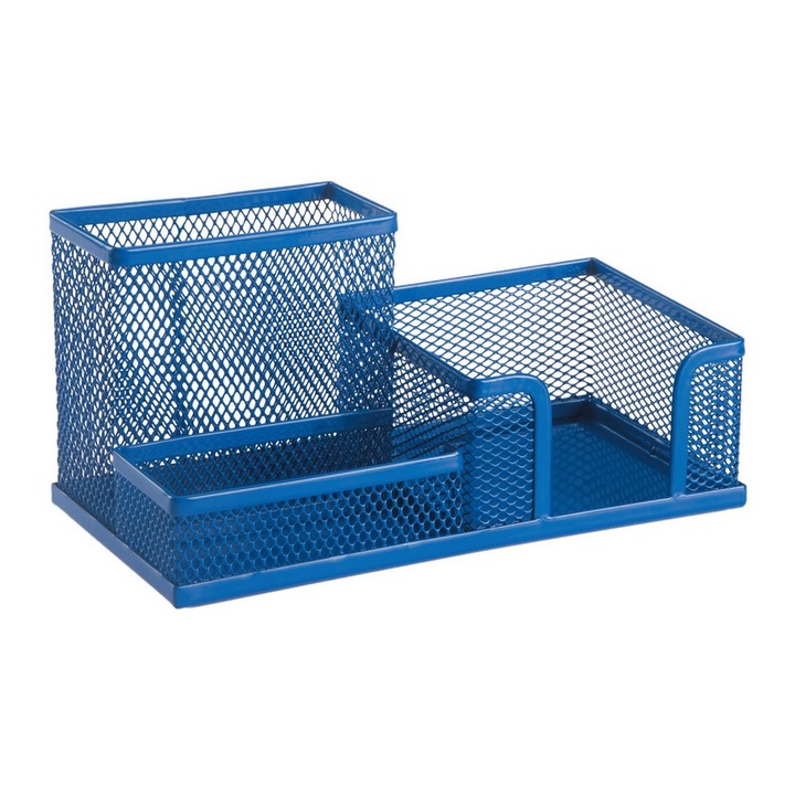 Suport articole birou, Leviatan, metal, 3 compartimente, 205 x 103 x 98 mm, albastru