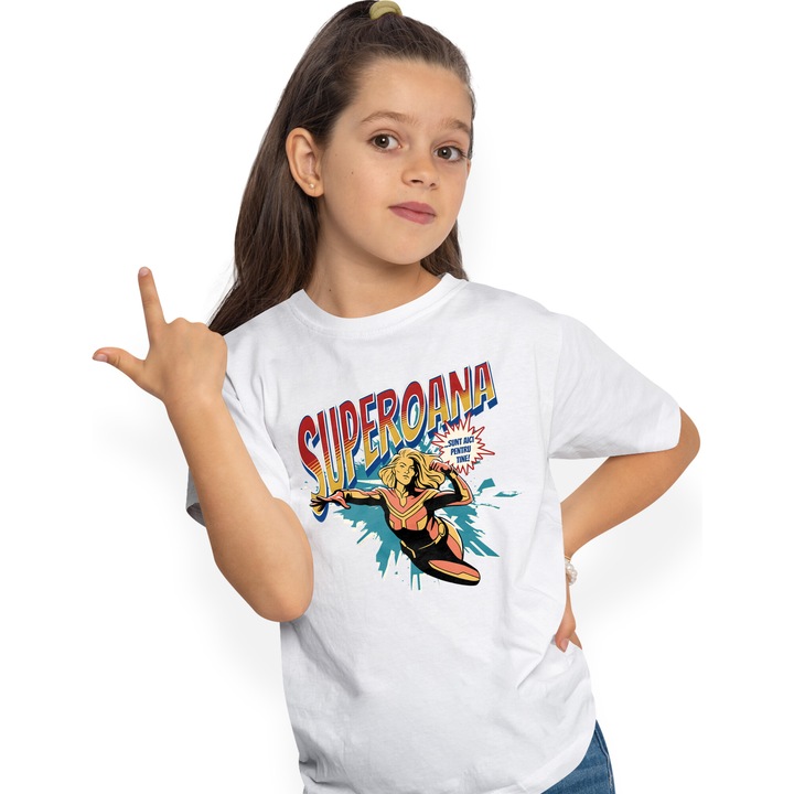 Tricou Copii Fete Super Ioana, SuperErou Sunt Aici Pentru Tine 100% Bumbac, Unisex, Alb, 10 Ani, 146CM
