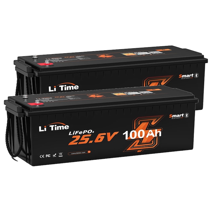 Set 2 Acumulator solar LiTime 24V 100Ah LiFePO4 cu Bluetooth si protectie la temperaturi scazute, 2560W, IP65