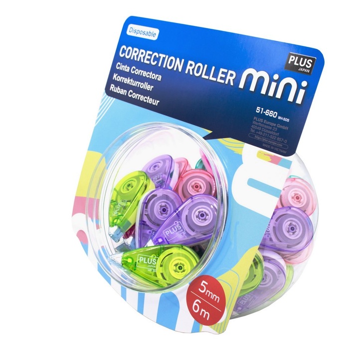 Set 50 corectoare banda Plus Pastel Mini, 5mmx6m, reciclabile, multicolor