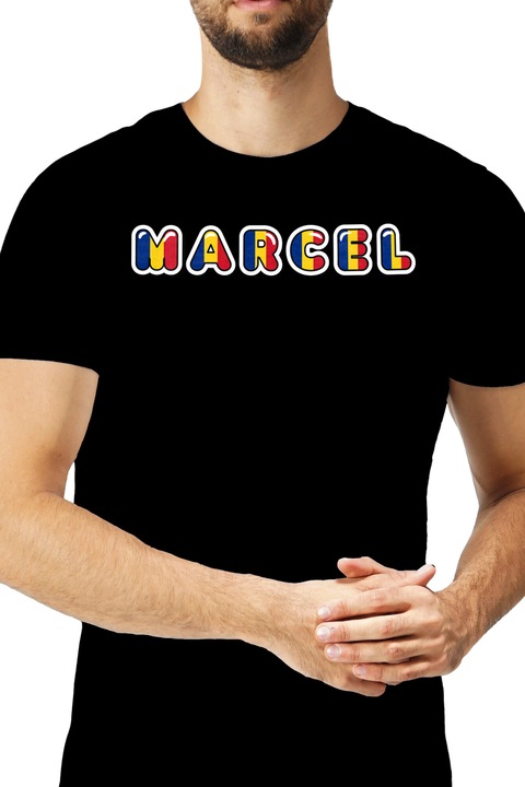 Tricou Barbati Cu Numele Marcel, Romania, Suporter, Steagul Romaniei, Patriot cu imprimeu pe Fata, 100% Bumbac, Negru, S