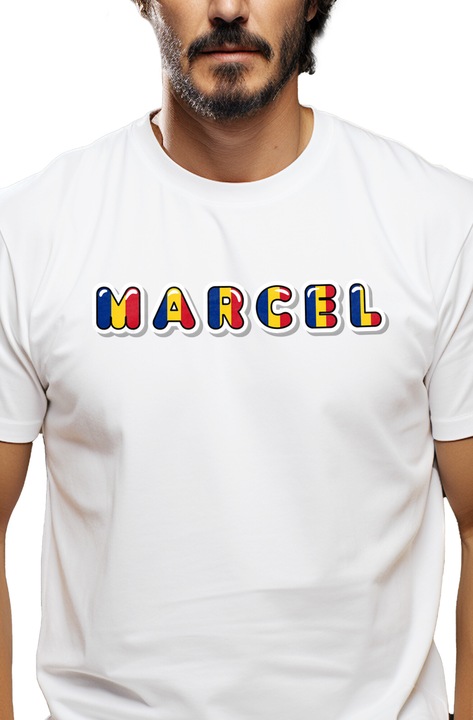 Tricou Barbati Cu Numele Marcel, Romania, Suporter, Steagul Romaniei, Patriot cu imprimeu pe Fata, 100% Bumbac, Alb, S