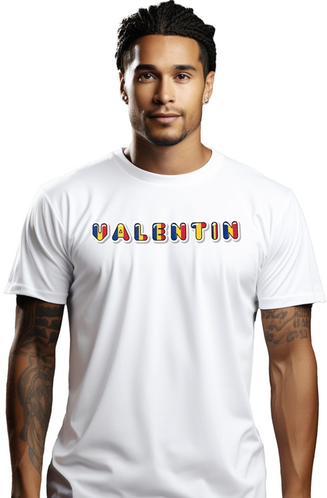 Tricou Barbati Cu Numele Valentin, Romania, Suporter, Steagul Romaniei, Patriot cu imprimeu pe Fata, 100% Bumbac, Alb, XL