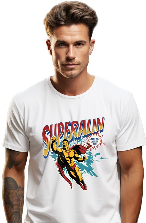 Мъжка тениска Super Alin, Superhero I'm Here For You с щампа на лицето, 100% Памук, Бяла, M