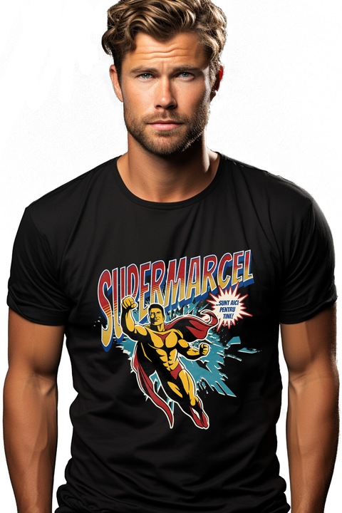 Tricou Barbati Super Marcel, SuperErou Sunt Aici Pentru Tine cu imprimeu pe Fata, 100% Bumbac, Negru, S