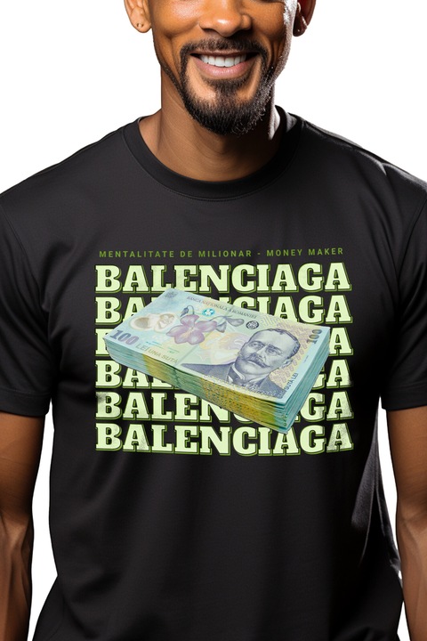 Мъжка тениска, BALENCIAGA, 100 Romanian Lei с щампа отпред, 100% памук, черна, XL