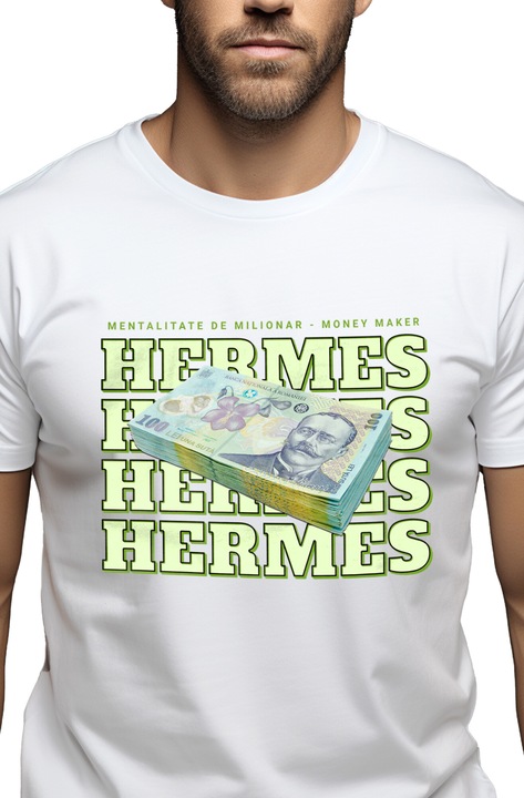 Мъжка тениска, Hermes, 100 Romanian Lei с щампа отпред, 100% памук, бяла, XL