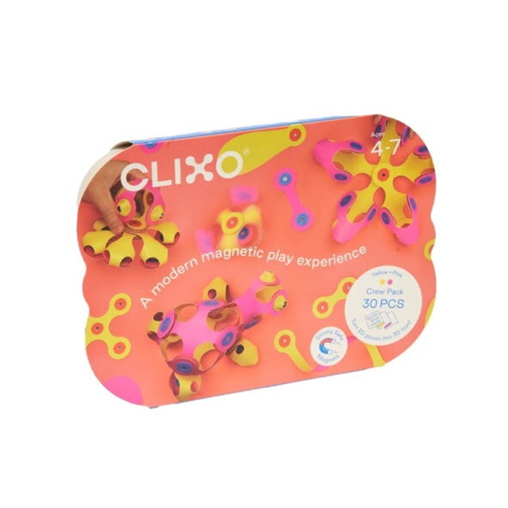 Set de construcție magnetic Clixo - Crew Pack, roz/galben, 30 piese