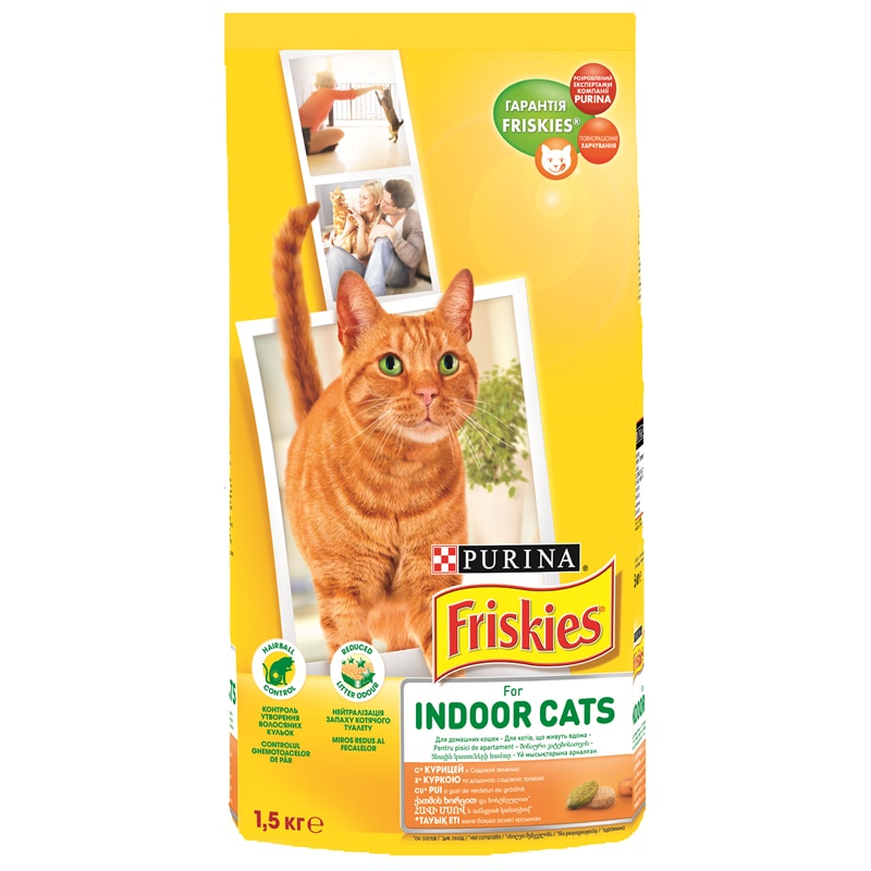 Hrana uscata pentru pisici Friskies Indoor, Pui & Verdeturi de gradina, 1.5Kg