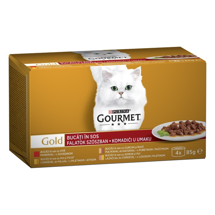 Hrana umeda pentru pisici Gourmet Gold, Multipack Vita, Pui, Somon, Curcan si Rata, 4 x 85 g