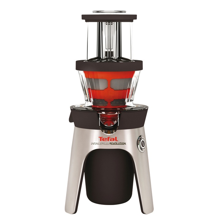 Storcator de fructe si legume cu melc Tefal Infini Press Revolution ZC5008SC, 300 W, Recipient suc 1 l, Recipient pulpa 2 l, Negru/Inox + Cutit universal ceramic ZEN