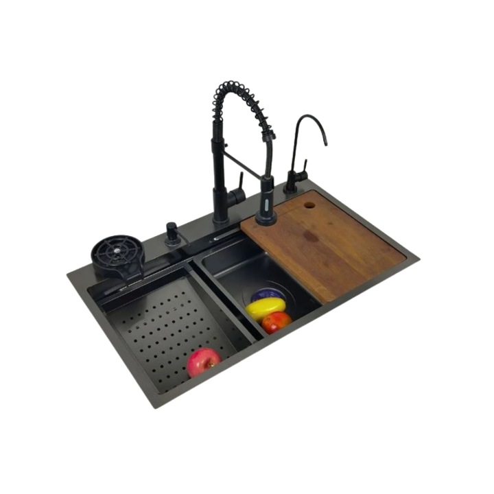 Chiuveta multifunctionala din otel inoxidabil cu accesorii incluse, 2 baterii incluse, culoare negru, dimensiune 750x460mm, spalator de vase inclus, AquaSpa