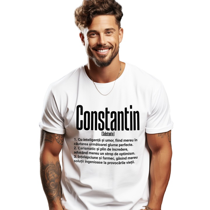 Tricou Barbati Cu Numele Constantin, Inteligenta, Umor, Carismatic, Intelept, Personalizat, Cadou cu imprimeu pe Fata, 100% Bumbac, Alb, L