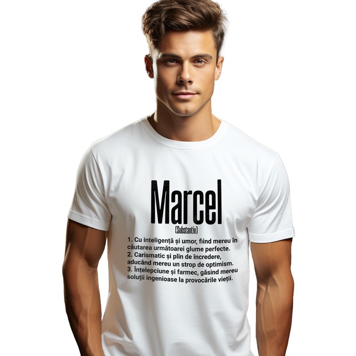 Tricou Barbati Cu Numele Marcel, Inteligenta, Umor, Carismatic, Intelept, Personalizat, Cadou cu imprimeu pe Fata, 100% Bumbac, Alb, S