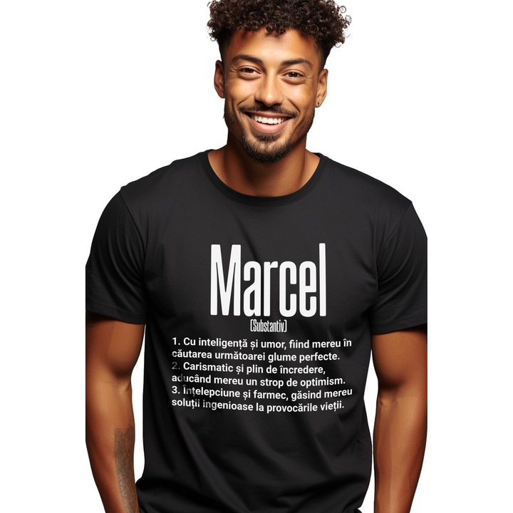 Tricou Barbati Cu Numele Marcel, Inteligenta, Umor, Carismatic, Intelept, Personalizat, Cadou cu imprimeu pe Fata, 100% Bumbac, Negru, S