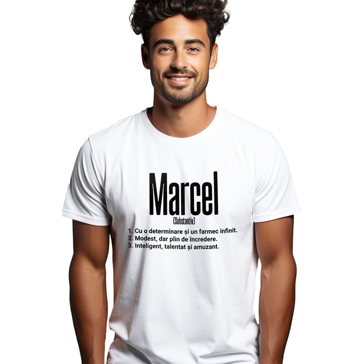 Tricou Barbati Cu Numele Marcel, Determinare, Modest, Inteligent, Amuzant, Personalizat, Cadou cu imprimeu pe Fata, 100% Bumbac, Alb, S