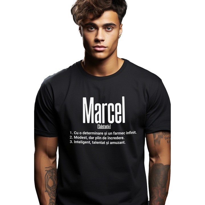 Tricou Barbati Cu Numele Marcel, Determinare, Modest, Inteligent, Amuzant, Personalizat, Cadou cu imprimeu pe Fata, 100% Bumbac, Negru, S