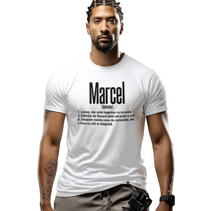 Tricou Barbati Cu Numele Marcel, Amuzant, Lenes, Haios, Funny, Personalizat, Cadou cu imprimeu pe Fata, 100% Bumbac, Alb, S