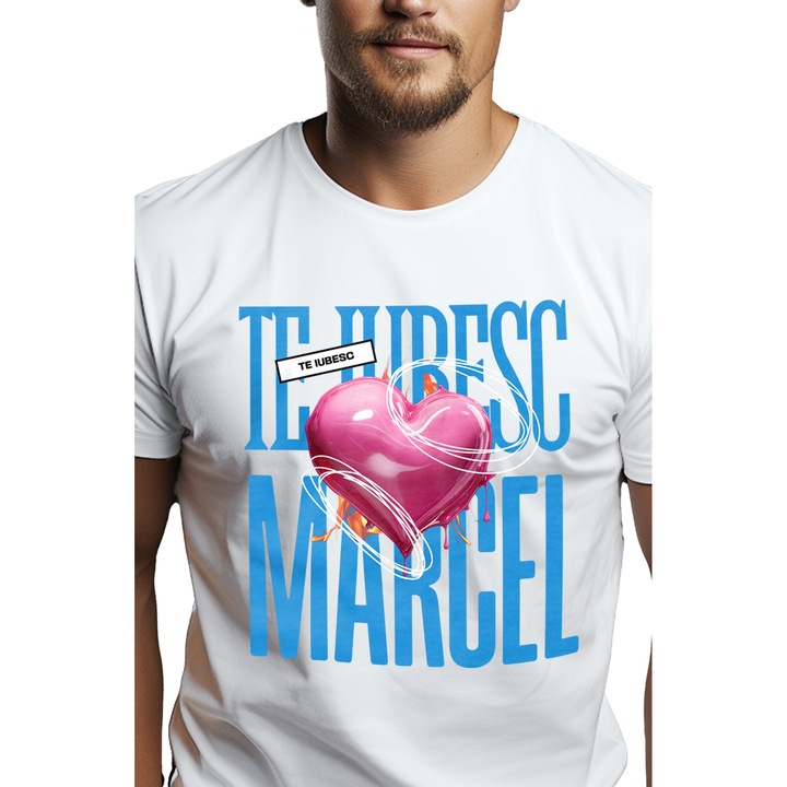Tricou Barbati Te Iubesc Marcel, Dragoste, Inima, Iubire, Sfantul Valentin, Dragobete, Valentine's Day cu imprimeu pe Fata, 100% Bumbac, Alb, S