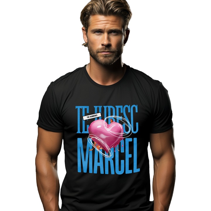 Tricou Barbati Te Iubesc Marcel, Dragoste, Inima, Iubire, Sfantul Valentin, Dragobete, Valentine's Day cu imprimeu pe Fata, 100% Bumbac, Negru, L