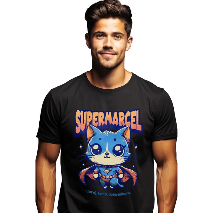 Tricou Barbati Super Marcel, SuperErou, Pisica Zburand cu imprimeu pe Fata, 100% Bumbac, Negru, S