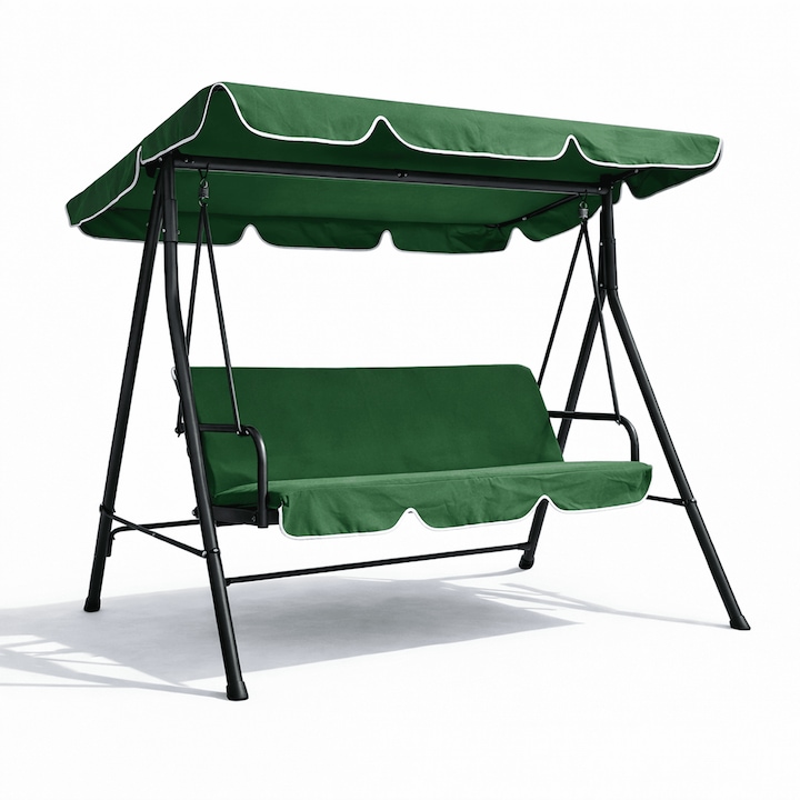 Balansoar De Gradina 200x120x164 Cm, TOPSCAUNE®, Leagan Suspendat Cu Structura Metalica Robusta, Hamac Cu Acoperis, Perna Din Poliester Impermeabil, Pentru Terasa, Curte Sau Gradina, Balansoar Leagan Cu 3 Locuri, Design Elegant Si Stabil, Culoare Verde