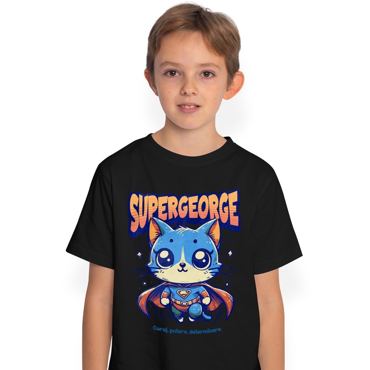 Тениска за момче Super George, Superhero, Flying Cat 100% памук, унисекс, Черен