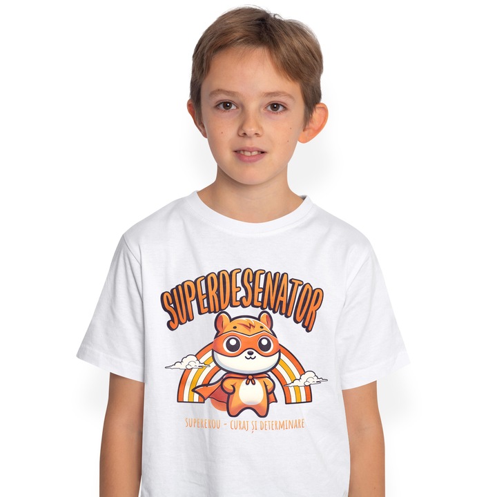 Tricou Copii Baieti Super Desenator SuperErou, Curaj si Determinare 100% Bumbac, Unisex, Alb, 8 Ani, 134CM