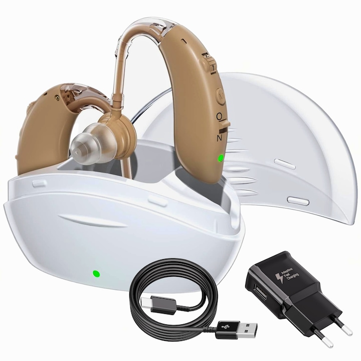 Слухов апарат x2 NeoHGS, Акумулаторен, Станция за зареждане, 130 dB усилвател на звук, 210 часа автономия, Средно-тежка загуба на слуха, 5 включени тапи, Зарядно и защитен калъф, Контрол на звука, Четка за почистване, За възрастни