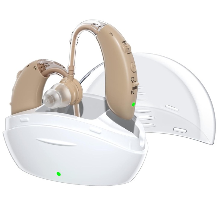 Слухов апарат x2 NeoHGS, Акумулаторен, Станция за зареждане, 130 dB усилвател на звук, 210 часа автономия, Средно-тежка загуба на слуха, 5 включени тапи, Зарядно и защитен калъф, Контрол на звука, Четка за почистване, За възрастни