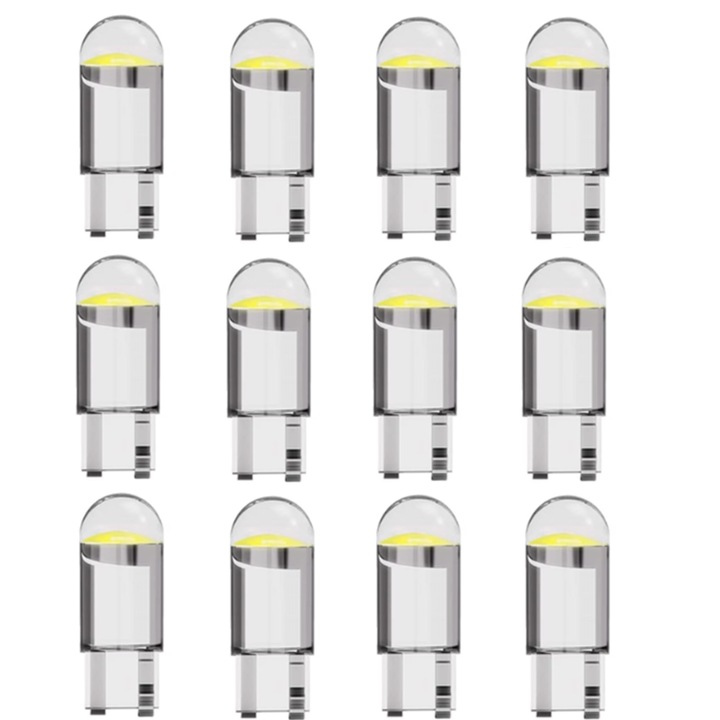 Комплект от 12 LED крушки за кола, Axroad Mall, COB, За арматурно табло, Околни светлини, сензор за паркиране, DC12V, T10, Широк обхват на излъчване, Голямо разстояние, Висока яркост, Акрилен материал, 9×23 см, Бял