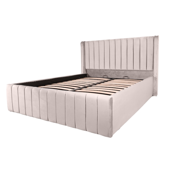 Pat dublu tapitat Georgia simple 180/200 cm, crem cu somiera metalica rabatabila si spatiu de depozitare
