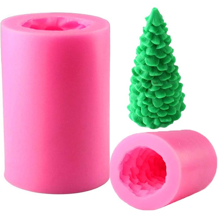3D силиконова форма във формата на коледна елха, розова, 8х5см, комплект за свещи, сапун, торта