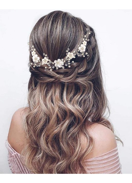 Лента за глава за булката и шаферките, медна тел, изкуствени цветя и кристали, бяло/сребристо