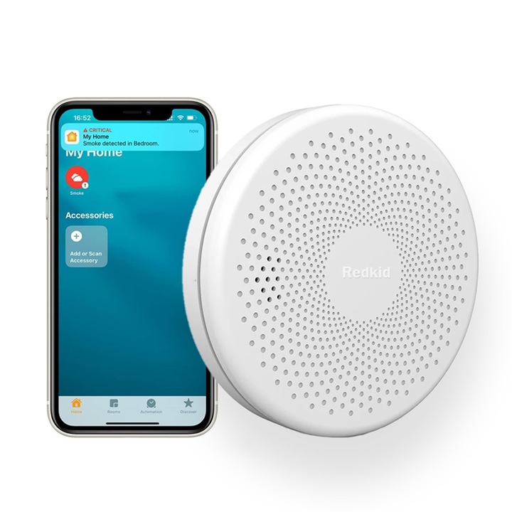 Detector inteligent 2 in 1 de fum si monoxid de carbon, Redkid®, Wireless, WiFI, Smart Life / Tuya APP, Tip tavan, potrivit pentru bucatarie, baie, living, birou, avertizare sonora si luminoasa, alb