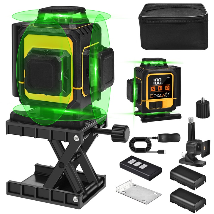 4D lézerszintező, Goxawee, G5278, professzionális, 16 sugaras, 4x360º, IP-54, 2 x 3600 mAh akkumulátor, milliméteres pontosság, 520 nm-es lézerdióda, ± 3°-os működési tartomány 30 m, távirányítóval, fekete/sárga