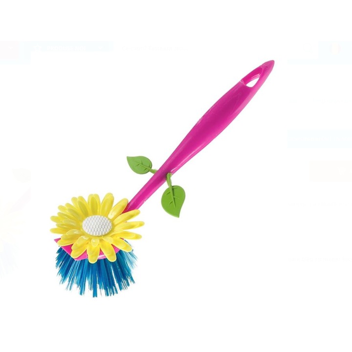 Perie Vase de Bucatarie Floare Bleu cu Maner Fucsia