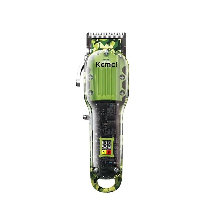 Професионална машинка за подстригване Kemei KM-1926, 8W, Прозрачен корпус, LCD дисплей, R-образен филетен нож, Литиева батерия, Зелен/Черен