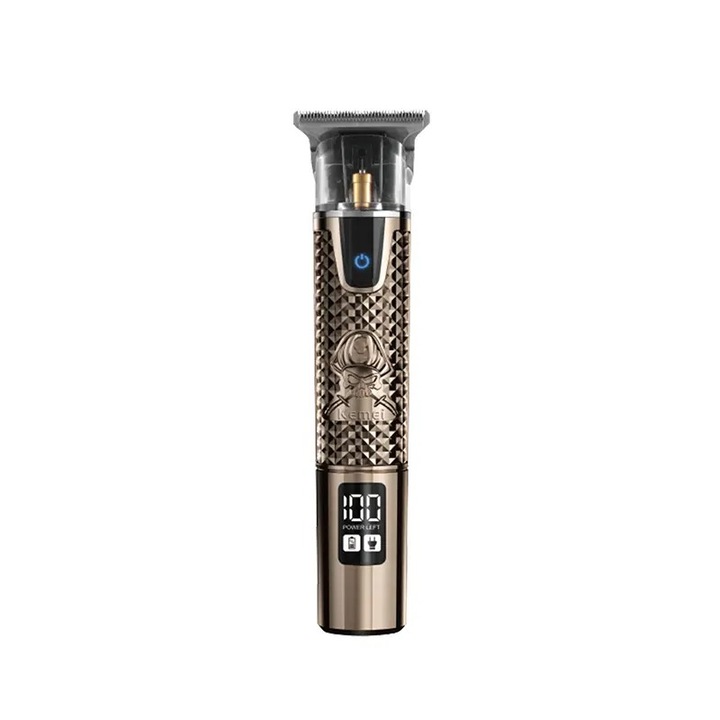 Тример за подстригване Kemei KM-873, 5W, 3 приставки, Цифров дисплей, 1200mAh литиева батерия, Стоманено острие, Златно