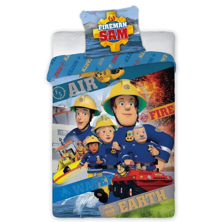 Set lenjerie de pat pentru copii Faro, Strazak Sam, bumbac, 160x200cm, 70x80cm, multicolor