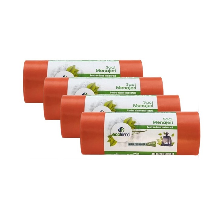 4 tekercs tisztítótasak készlet, Ecofriend, 60L, 15 db, ultra ellenálló, piros