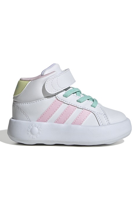adidas Sportswear, Pantofi sport mid-high de piele ecologica cu velcro Grand Court, Alb/Roz